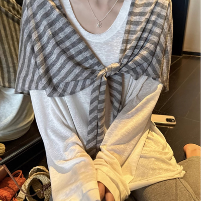 私服天丝大T恤U领毛边设计慵懒宽松长袖打底衫上衣女