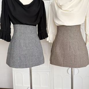 少女lii 早秋格纹羊毛呢质感高腰气质半身裙短裙 solo日系