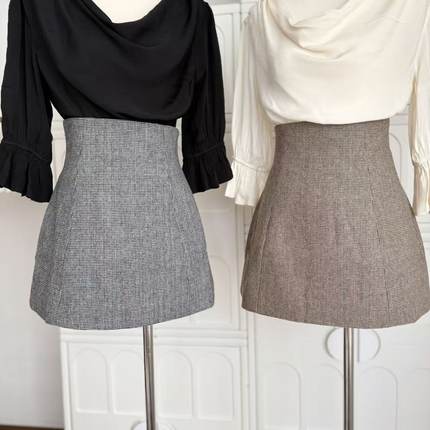 少女lii“solo日系”早秋格纹羊毛呢质感高腰气质半身裙短裙