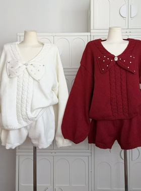 圣诞甜果/长袖v领毛衣针织裤套装女冬季韩系宽松软糯两件套