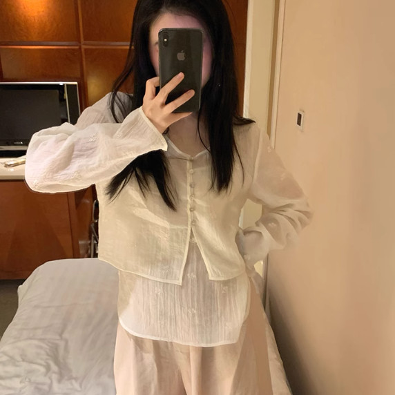 少女国风白色小花天丝小衫+吊带背心两件套春夏套装微透