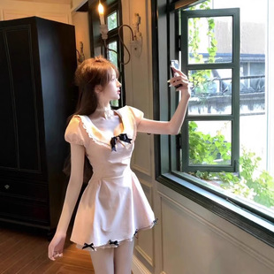 收腰显瘦少女风减龄撞色拼接蝴蝶结甜美连衣裙女 纯欲甜妹短裙夏季