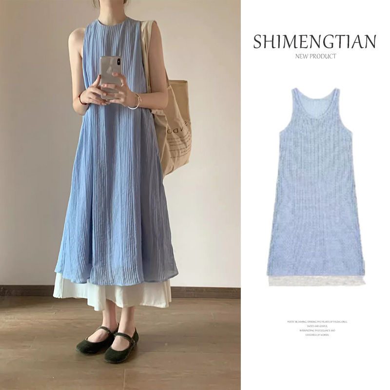 2025夏季新款法式蓝色肌理连衣裙