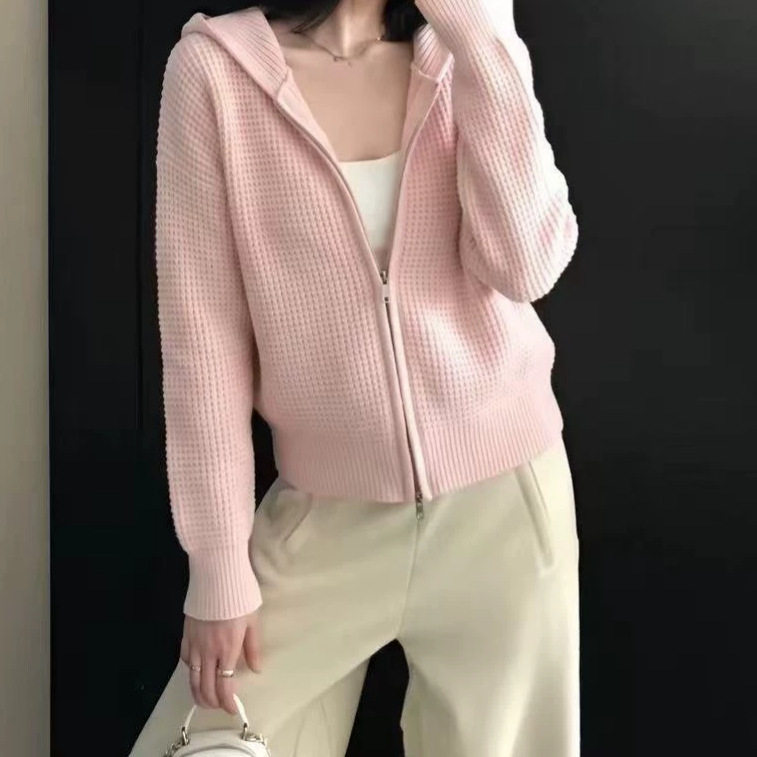 秋冬连帽针织开衫华夫格宽松上衣新款纯色拉链毛衣外套休闲女口袋