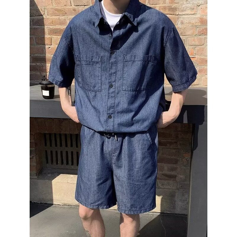 夏季薄款牛仔两件套男短袖五分裤