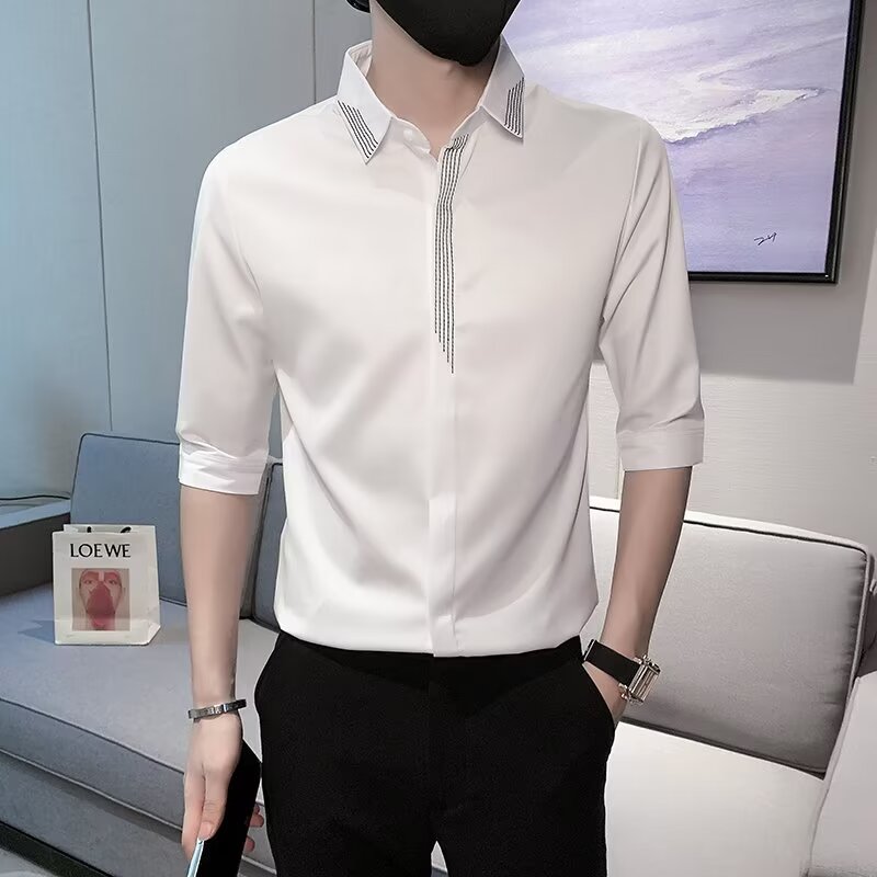 夏季薄款冰丝V领条纹男衬衫