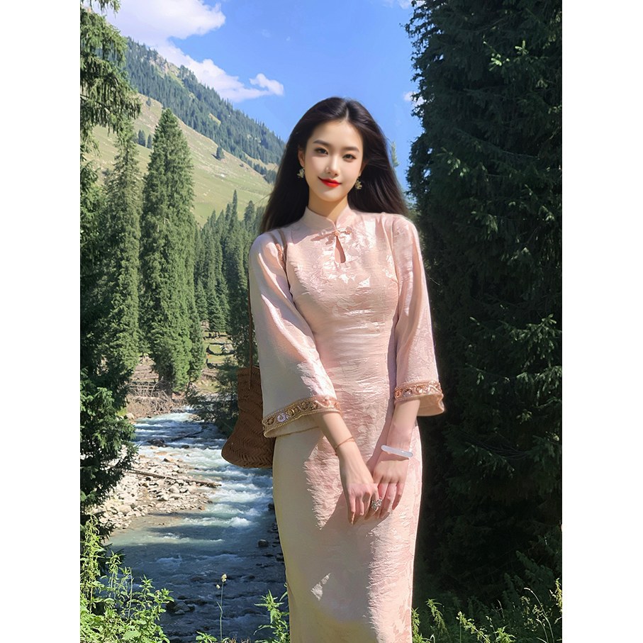 甜月香新中式珠光提花旗袍连衣裙