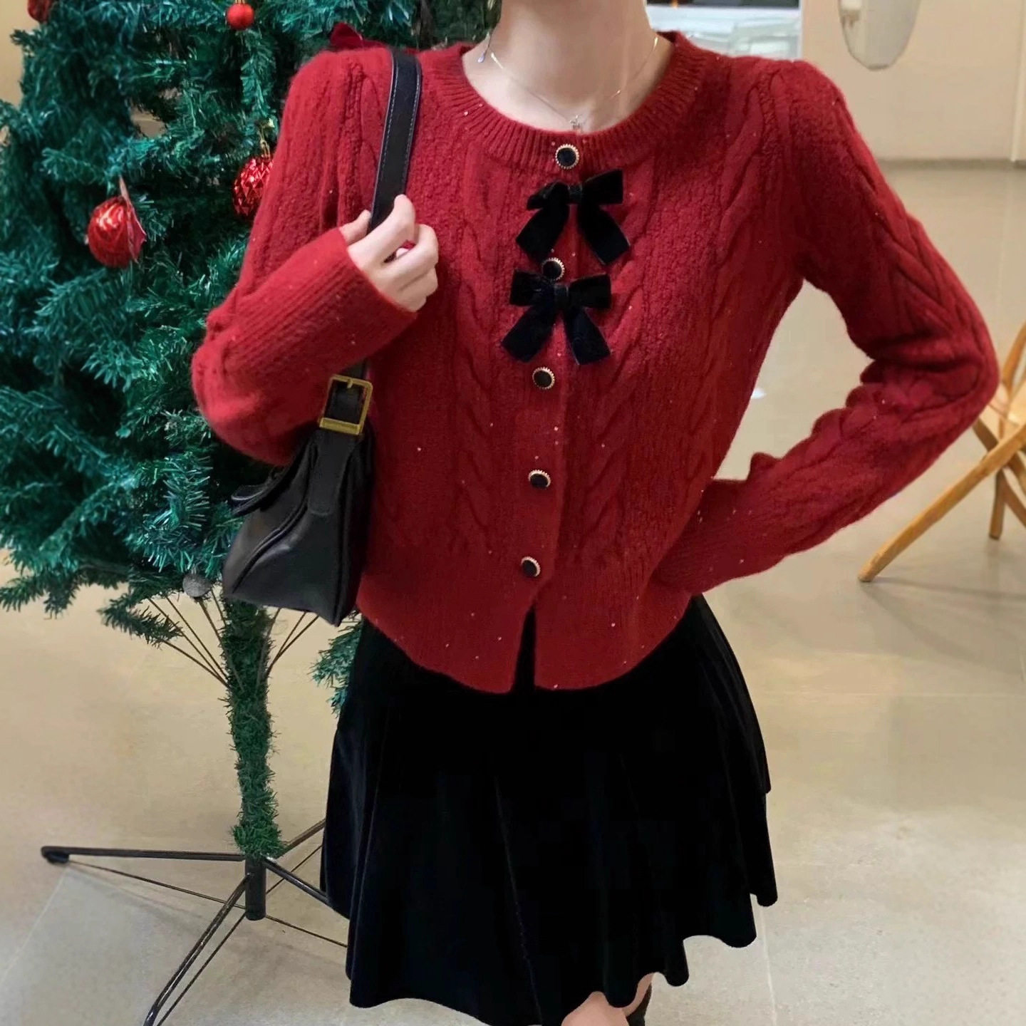法式甜美风蝴蝶结麻花气质细闪亮丝针织衫女超好看独特漂亮上衣潮