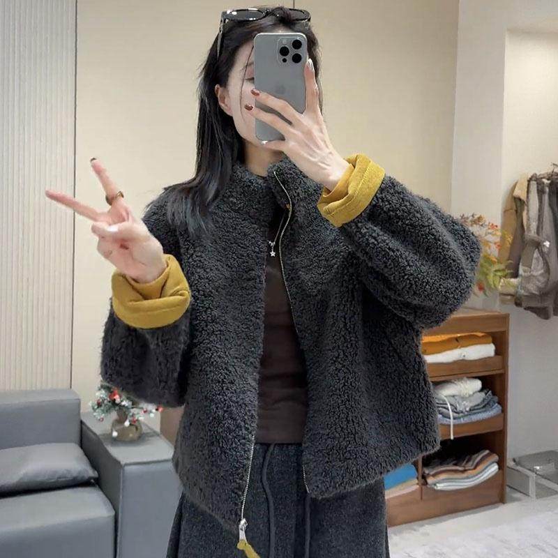 冬季时尚短款保暖毛毛一体立领短外套加厚休闲宽松拼接毛绒上衣女,女装/女士精品,短外套,淘宝优惠券,粉丝福利购,淘宝优惠卷