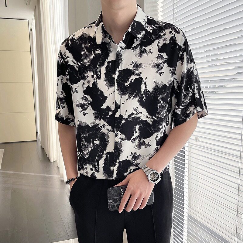 夏季男士水墨花宽松短袖衬衫