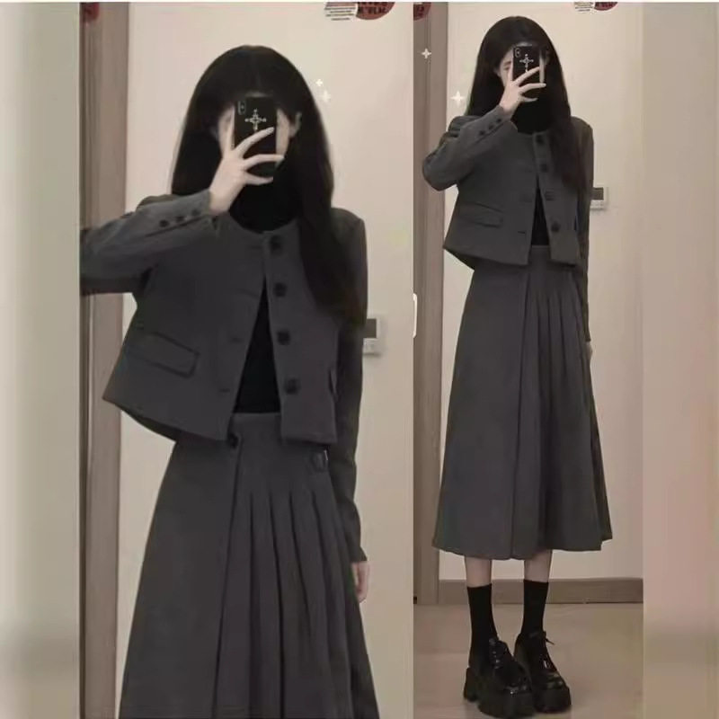 赫本风小香风外套长裙两件套