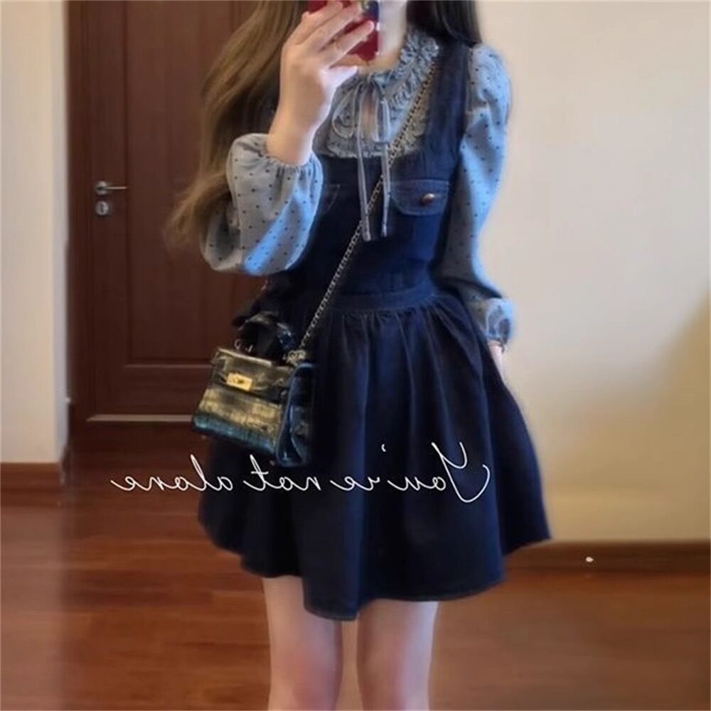 春秋女宽松复古牛仔背带裙套装