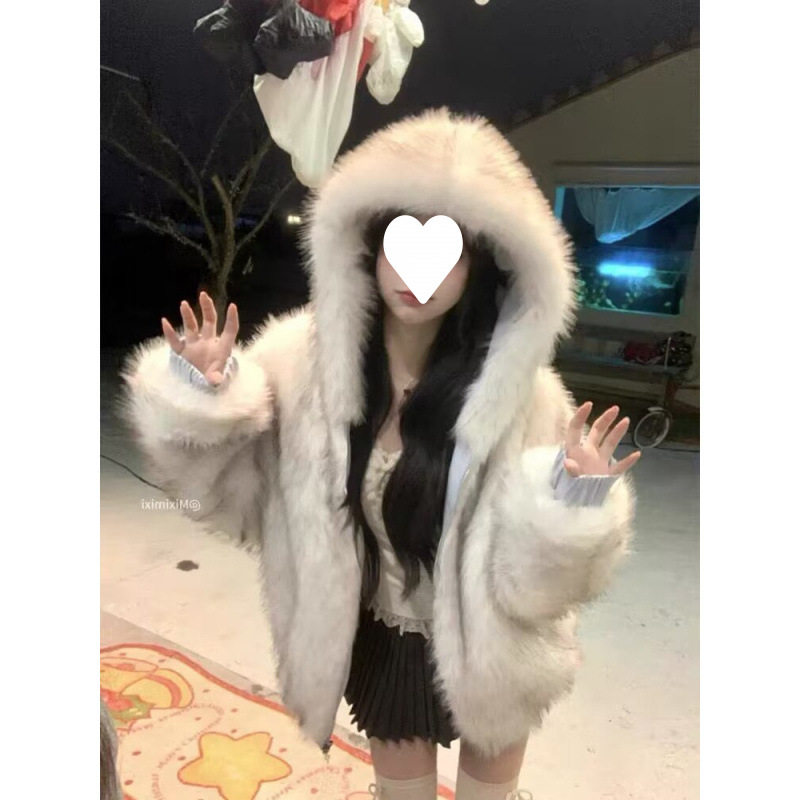 甜美连帽加厚保暖双面毛毛外套女