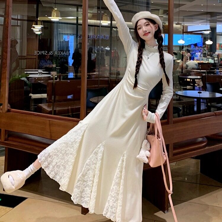 小个子春秋针织蕾丝鱼尾连衣裙
