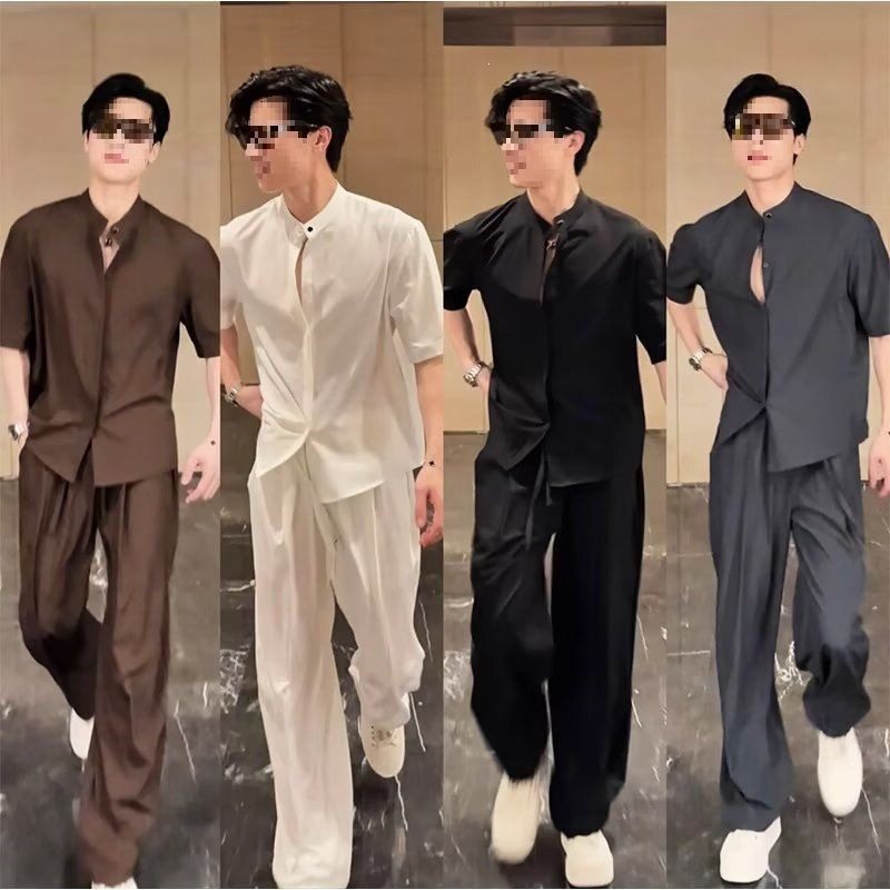 夏季痞帅冰丝短袖衬衫男士套装