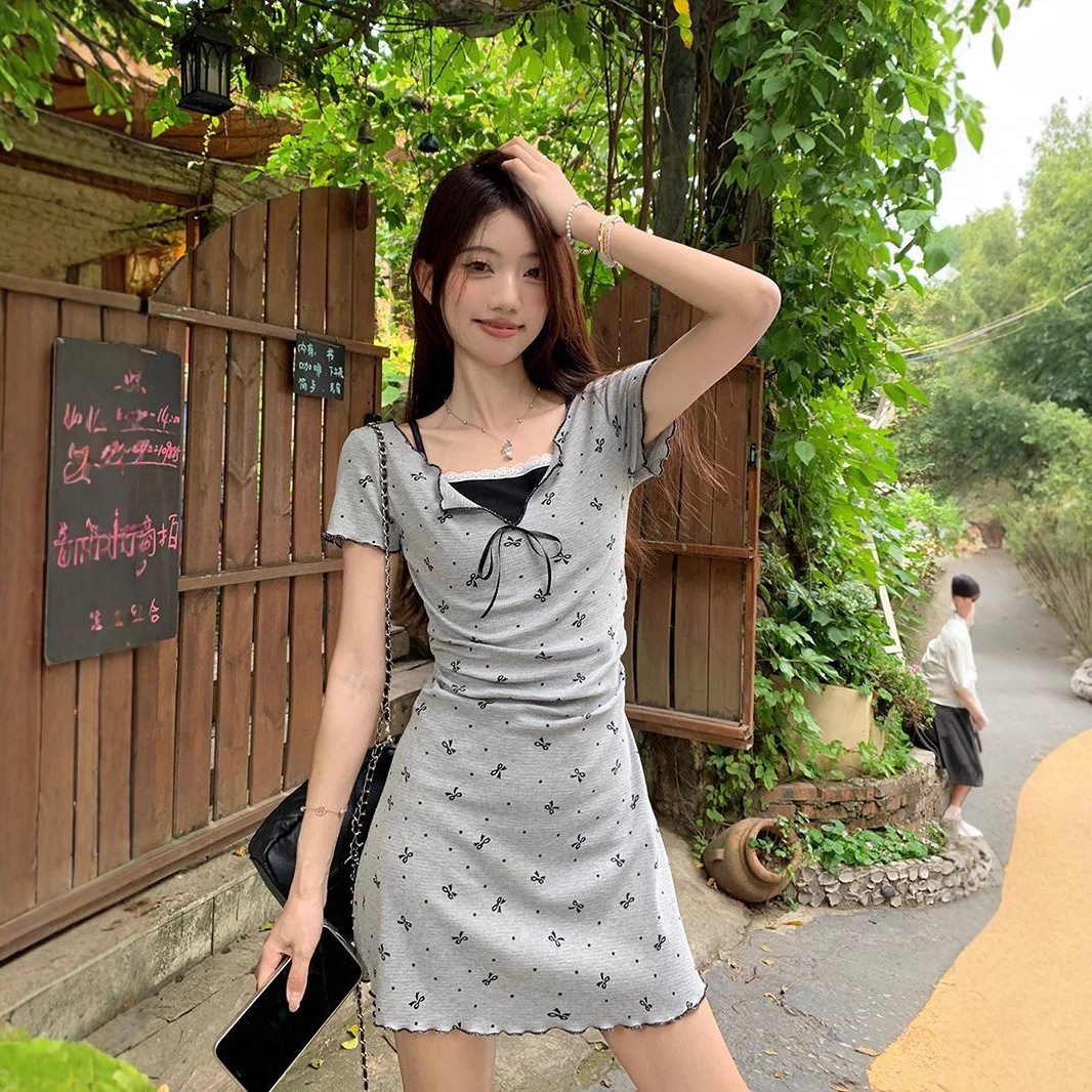 夏季假两件蝴蝶结显瘦包臀连衣裙