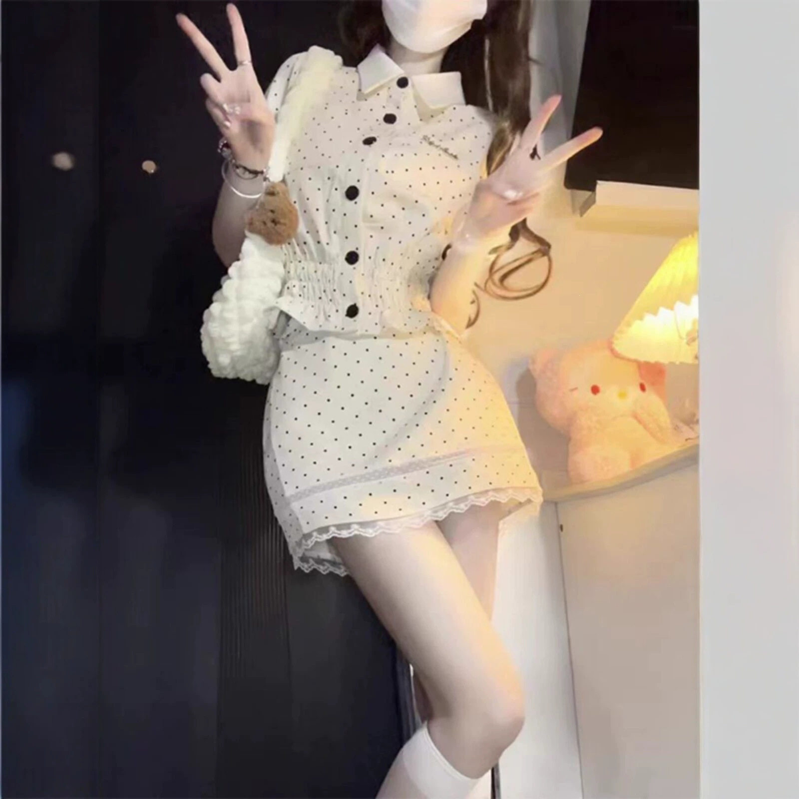 韩系学院风波点套装女夏季甜美短款翻领娃娃衫高腰半身短裙两件套