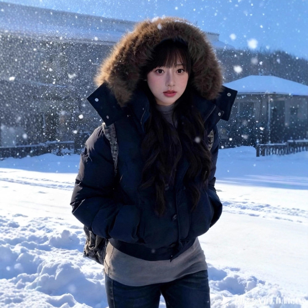藏青色毛领连帽羽绒棉服女冬季
