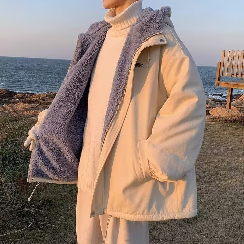 秋冬连帽羊羔绒男士宽松港风棉服