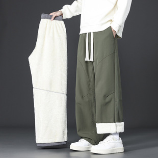 羊羔绒休闲裤男款冬季加绒加厚保暖防寒裤子美式潮牌宽松直筒长裤