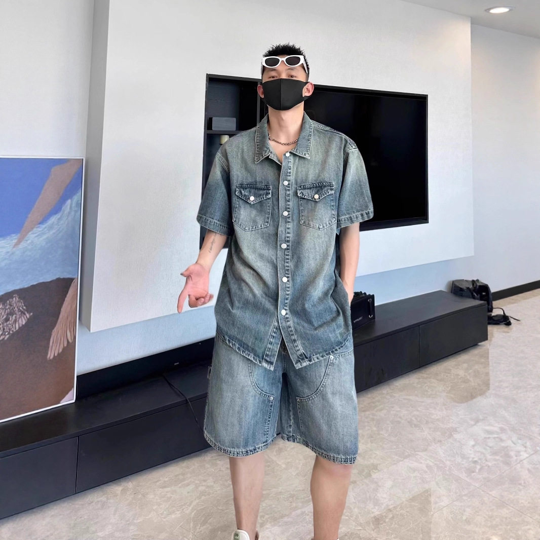 夏季美式复古工装牛仔两件套男生