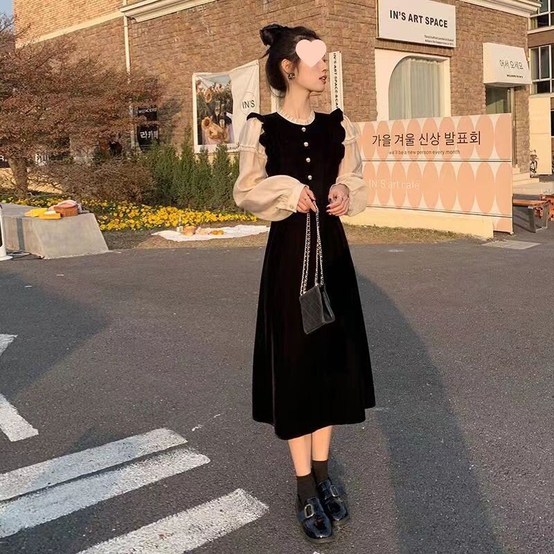金丝绒法式小香风蕾丝小个子长裙