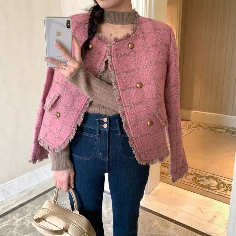 韩版小香风粉色名媛短外套女