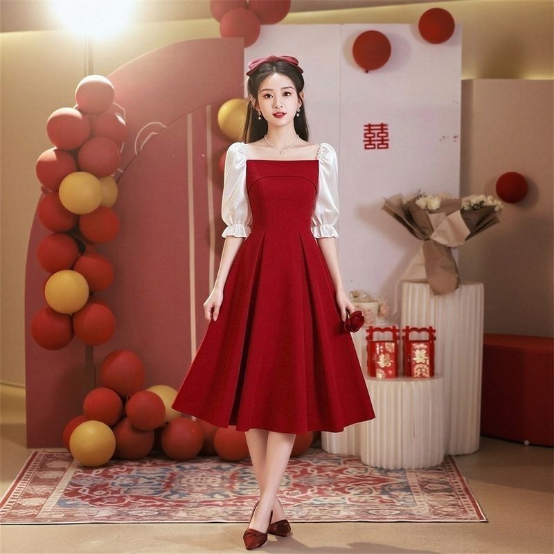 法式红色新娘敬酒晚礼服中长款