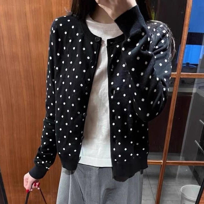 小个子香风黑色波点短款毛衣外套