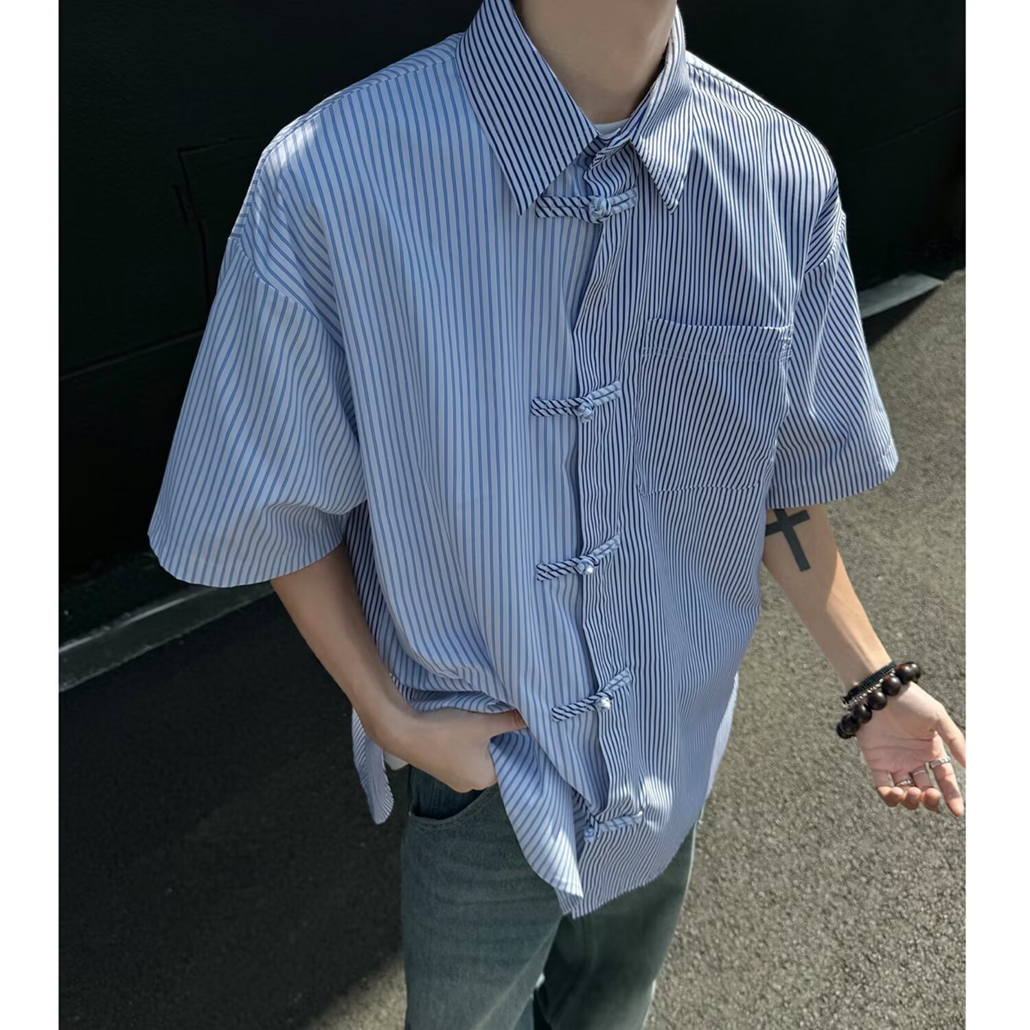 夏季新中式盘扣竖条纹短袖男衬衫
