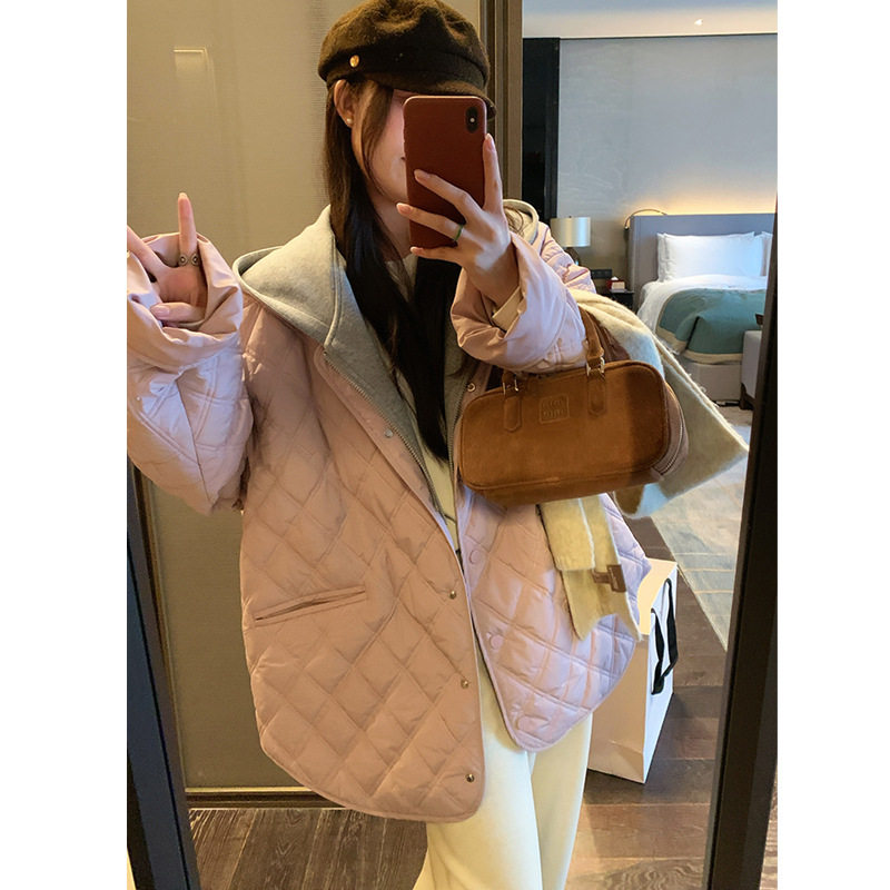 韩版假两件菱格加厚连帽棉服女