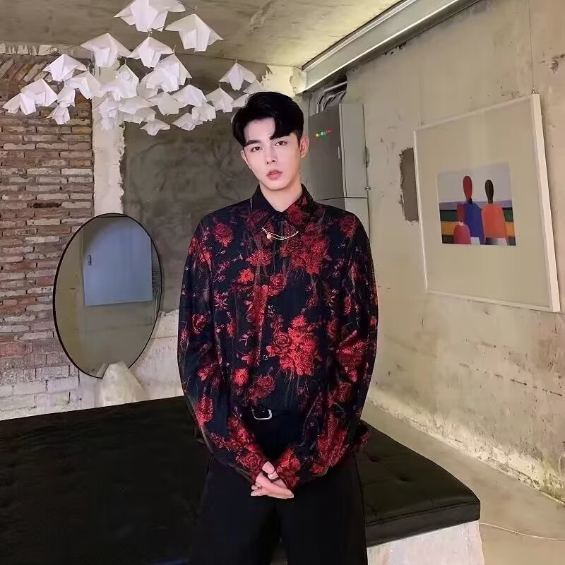 秋季深蓝泼墨港风宽松长袖衬衫
