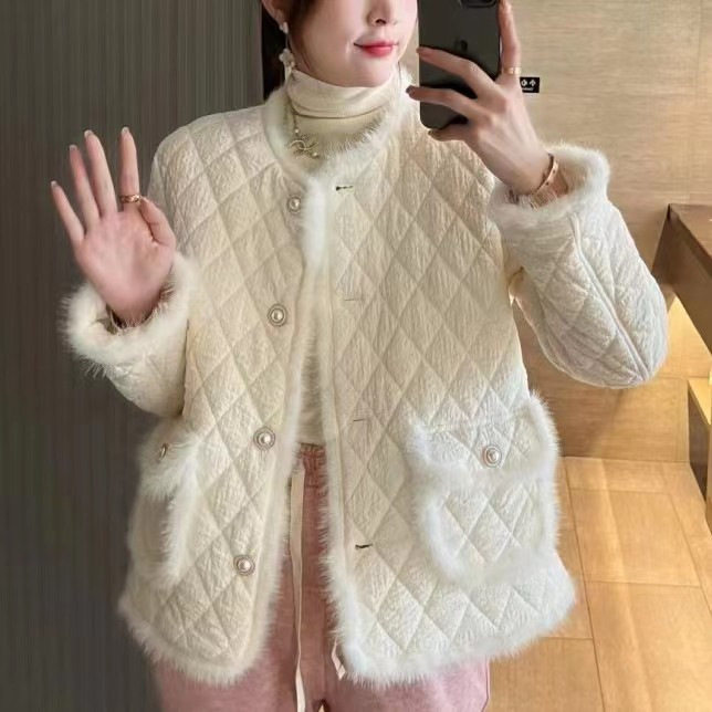 法式小香风菱格短款轻薄棉服女