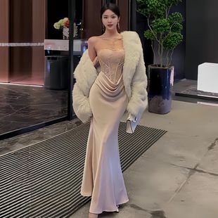 鱼骨抹胸吊带连衣裙女夏宴会法式party名媛长裙成人生日礼服裙子