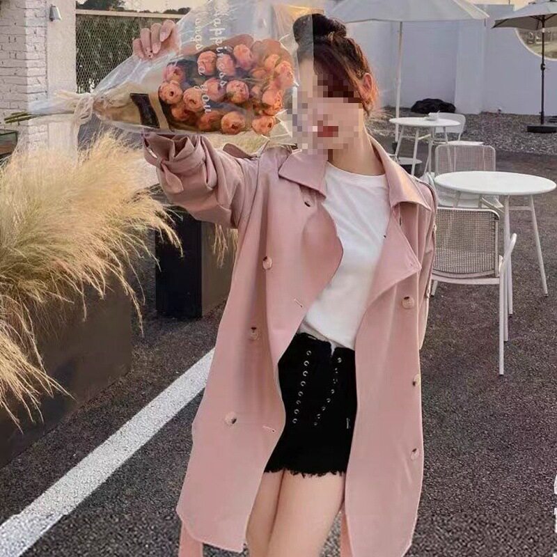 粉色西装领短款风衣女小个子