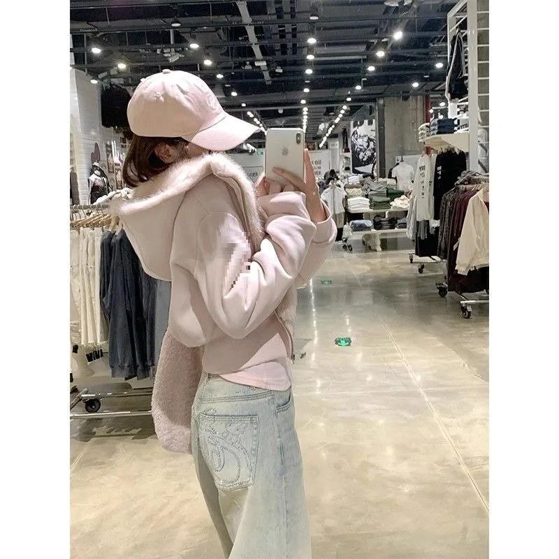粉色毛绒连帽短款保暖棉衣女冬季