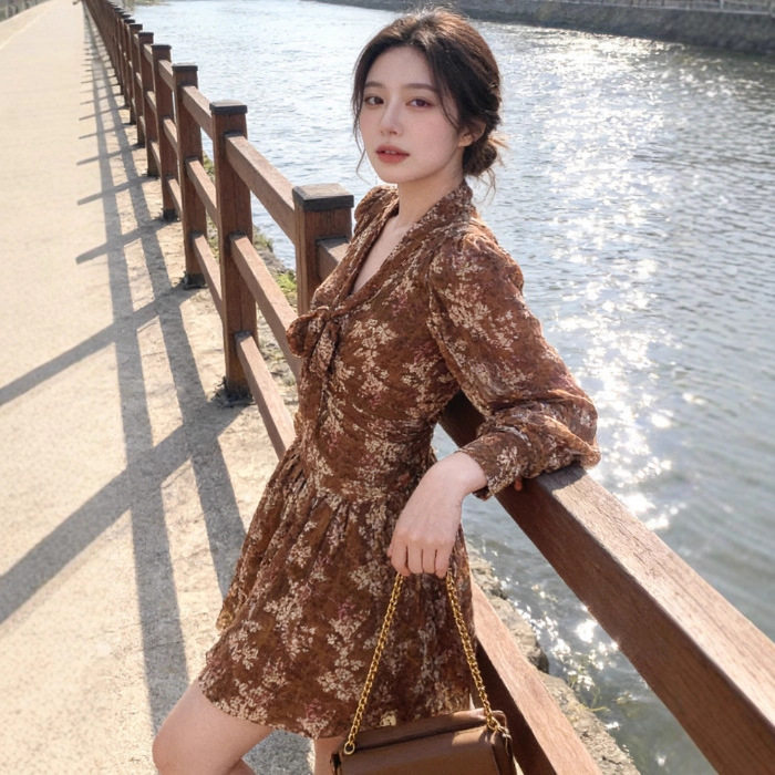 法式老钱风碎花茶歇连衣裙咖色