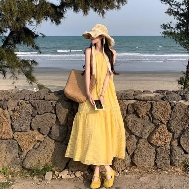夏季温柔风黄格子显瘦连衣裙