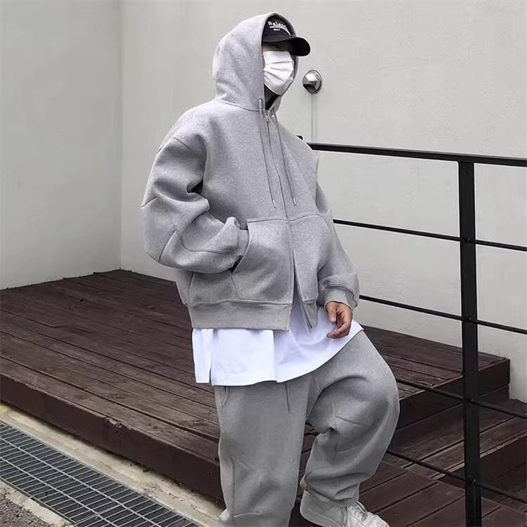 灰色连帽开衫宽松落肩短款卫衣男