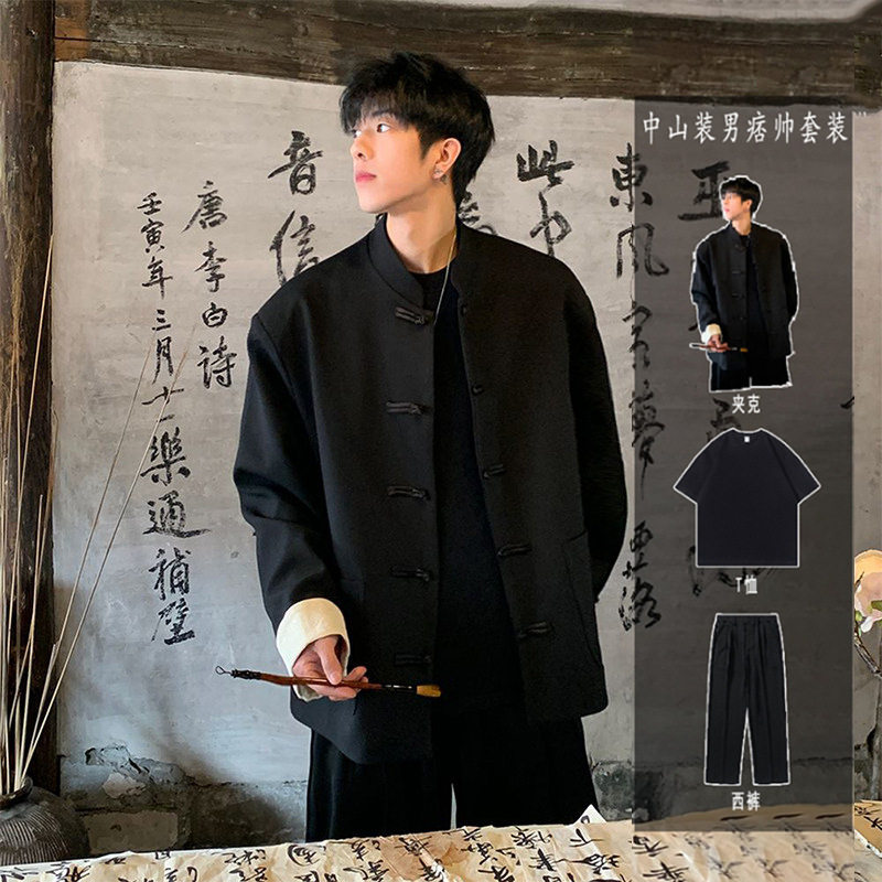 新中式黑色痞帅男士西装套装