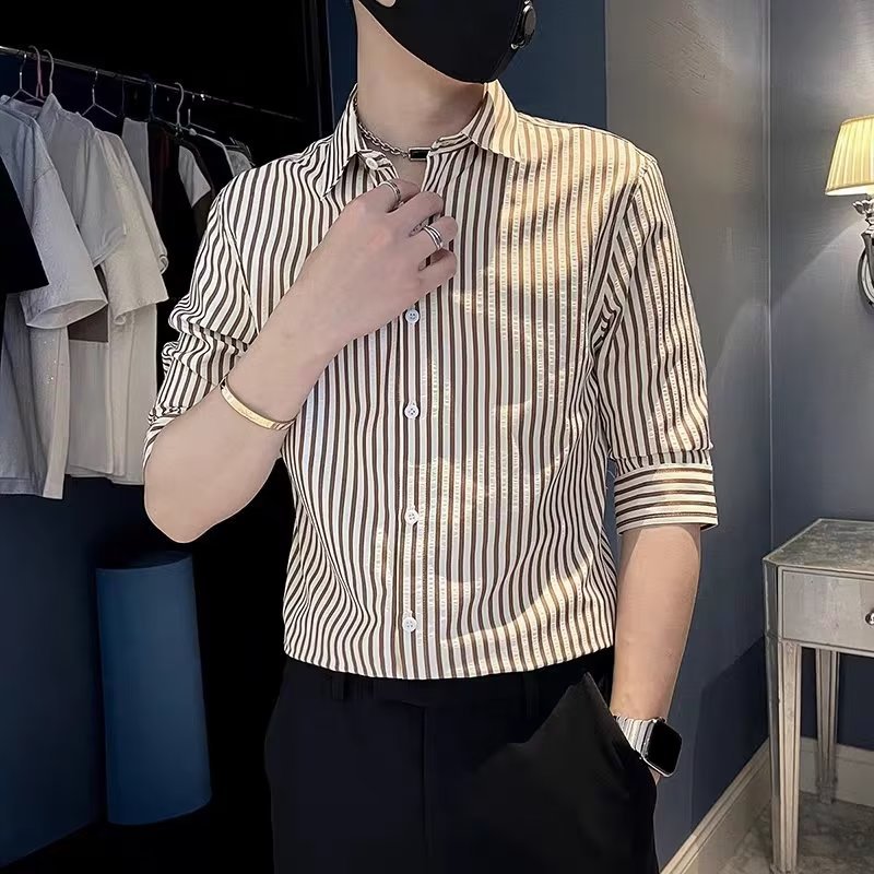 夏季男士方领七分袖纯色衬衫