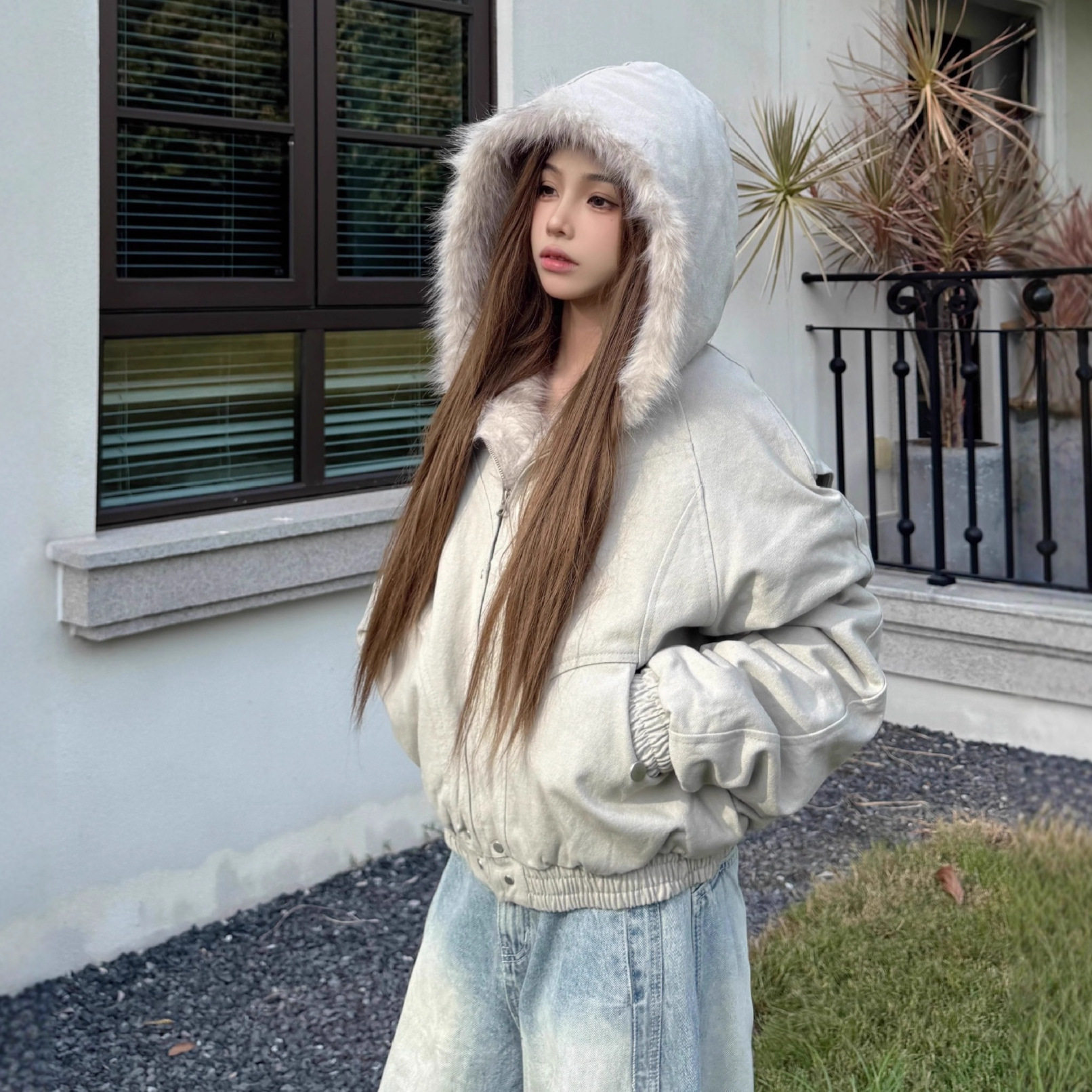 仿皮草连帽加厚派克棉服女冬季
