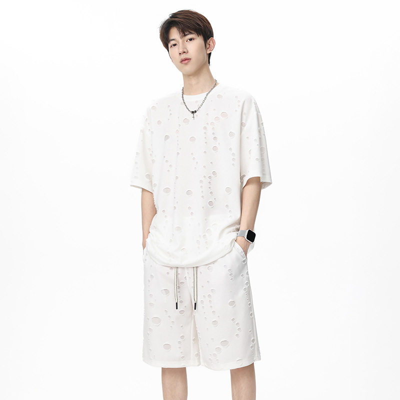 夏季冰丝男短袖短裤破洞套装