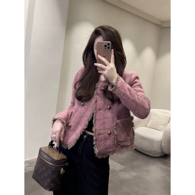 小香风粉色粗花呢短款外套小个子