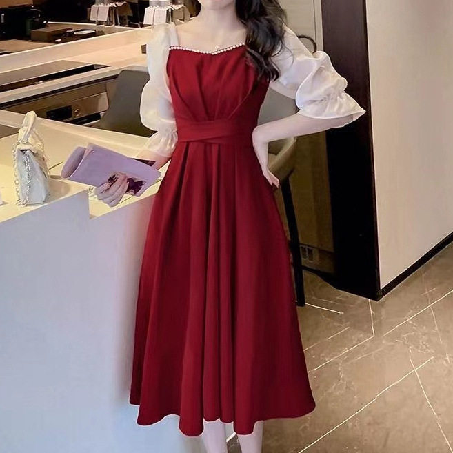 夏季红色甜美收腰显瘦敬酒礼服裙