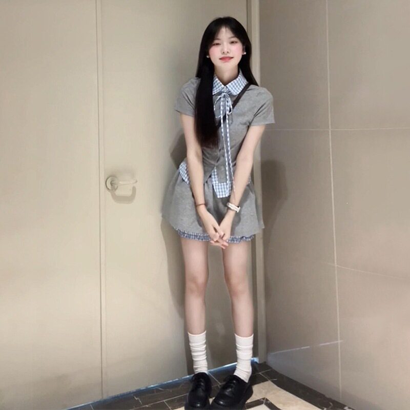 学院风休闲运动服套装女夏季POLO领短袖拼接格子衬衫短裤裙两件套