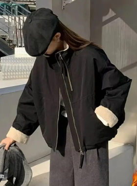 短款仿羊羔毛双拉链小个子派克服