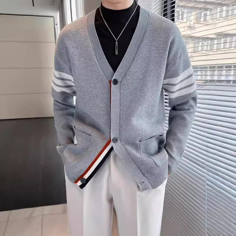 春秋男V领条纹针织开衫