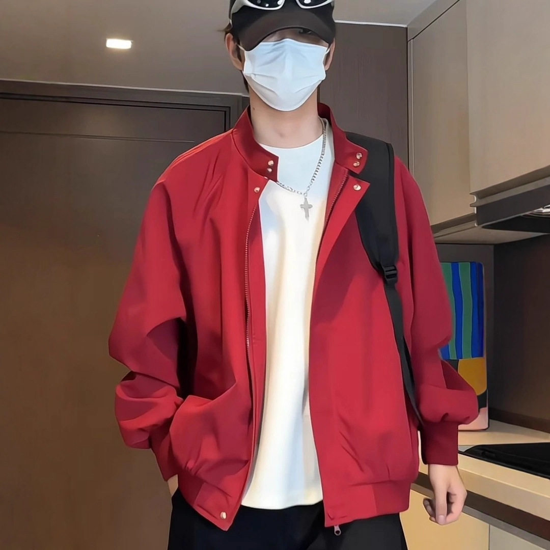 红色立领哈灵顿男秋冬美式棒球服