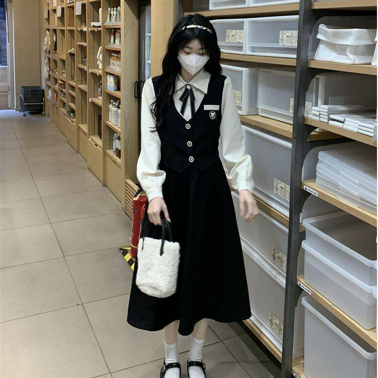 15初中高中学生13少女12岁大童假两件甜美学院风长袖连衣裙秋冬季